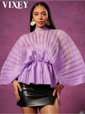 SHEIN Lilac Pleated Sheer Balloon Sleeve Peplum Top